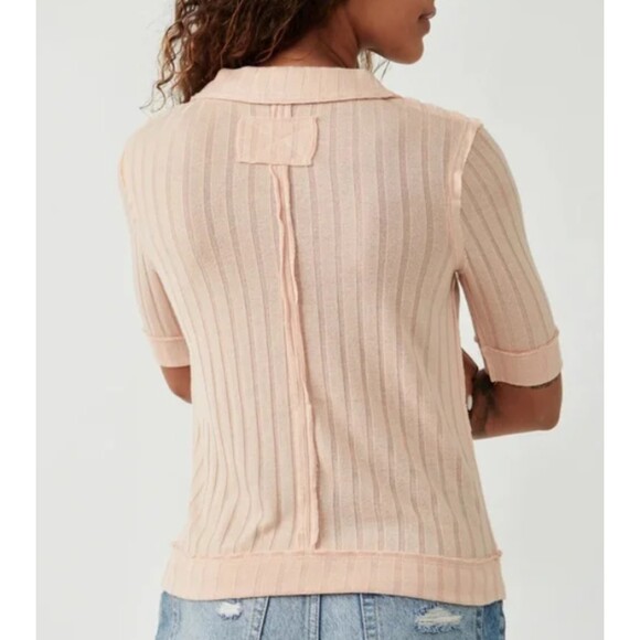 Free People We The Free Peach Krystal Ribbed Elbow Sleeve Collared Polo Shirt S - Picture 12 of 12